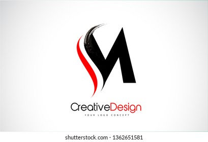 Red and Black M Letter Design Brush Paint Stroke. Letter Logo with Black Paintbrush Stroke.