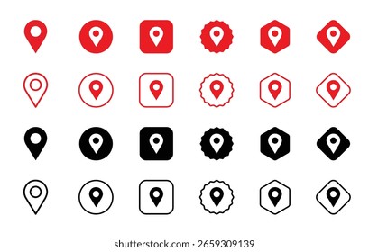 Red and black map pin location icon set