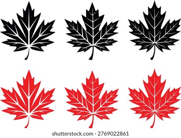 Red and black maple leaf silhouette icon symbol Canadian flag isolated on a transparent background vector  illustration