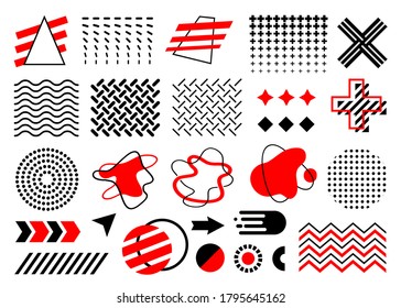 Red and black Memphis set. Vector collection of abstract geometric flat shapes as circle, arrow, amoeba, dot gradient seamless patterns, waves, zigzags, fireball. Isolated on white background
