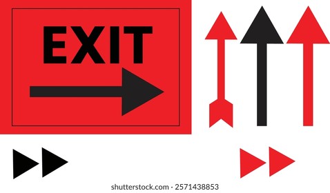 Red and Black Minimalist Exit Sign with Directional Arrows