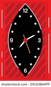 Red and black modern wall clock design, minimalist clock face with dots for hours. Time management and contemporary interior decor vector illustration.