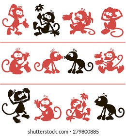 Red and black Monkeys. A set of 12 isolated vector images.
Emotional little monkey with large expressive eyes, the symbol of 2016.