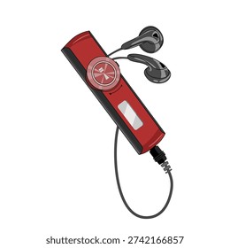 a red and black mp3 audio player with earphones. Retro style audio player technology