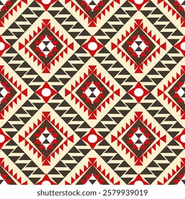 Red and black native American on cream background, Navajo pattern, ethnic Boho seamless pattern. Tribal vector texture. Aztec ornament. Design for textiles, curtains, and blankets.
