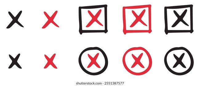 Red and black negative check mark icon.  X mark icon. Uncheck icon vector. Validation icon vector. For apps and websites.