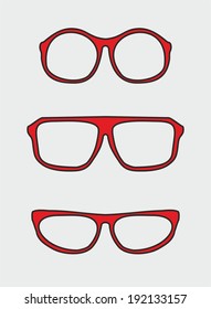 Red and black nerd vector glasses set with thick holder - retro hipster illustration isolated on grey background.