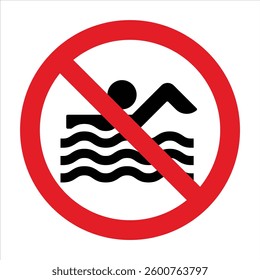 Red and black no swimming sign featuring a stick figure swimmer and water waves, conveying a message of safety and restriction.