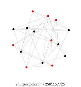 Red and black nodes connected by lines in simple isolated abstract pattern. Network visualization showing interconnected data points. Complexity through simplicity.
