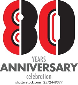 red and black number 80 and word years anniversary celebration black color are at the bottom.