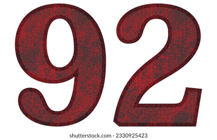 Red And Black Number Ninety Two Vector Illustration. Number 92 With Grunge Texture