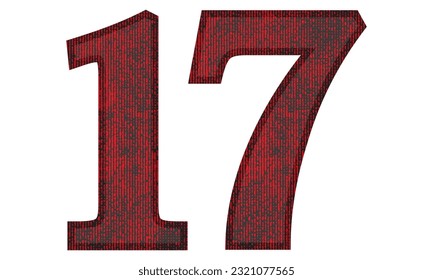 Red And Black Number Seventeen Vector Illustration. Number 17 With Grunge Texture