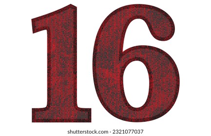 Red And Black Number Sixteen Vector Illustration. Number 16 With Grunge Texture