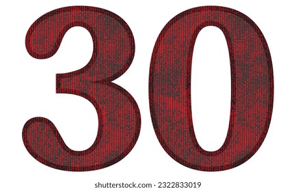 Red And Black Number Thirty Vector Illustration. Number 30 With Grunge Texture