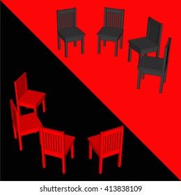Red and black. Office chairs. Competitors.  Chairs arranged in a circle. Furniture logo. Vector illustration. 