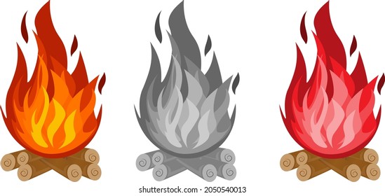 Red, Black and Orange Fire Flames on Wood or Campfire. Vector illustration is made on white background