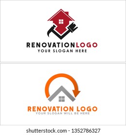 Red black orange line art roof arrow hammer combination mark logo design concept suitable for renovation painting repaint handyman services