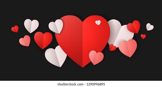 Red and black origami paper hearts background. Valentines day concept. Love, feelings, tenderness design. Vector illustration