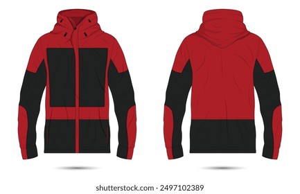 Red and black outdoor hiking jacket mockup front and back view