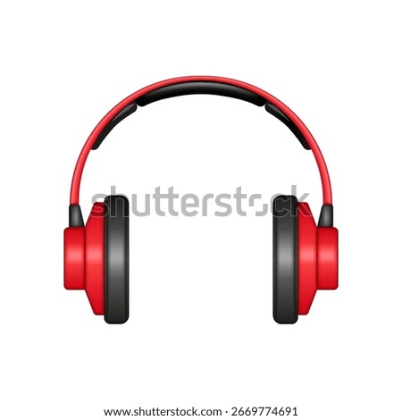 Red and black over-ear wireless headphones front view 3d vector realistic model mockup isolated on white background, audio technology accessory for music, gaming, sound, and lifestyle design
