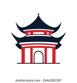 Red and black pagoda illustration showing a traditional Asian building architecture style. Vector graphic of an isolated two-tiered pagoda structure.