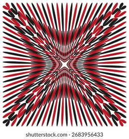 Padrão preto vermelho. Linhas radiais abstratas. Forma de estrela hipnótica. Vetor design moderno. EPS 10.