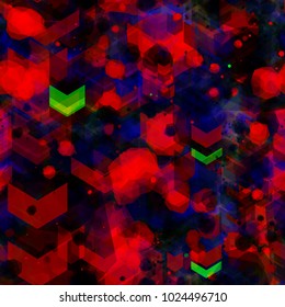Red and black pattern with color inclusion. Spots and arrows. Seamless texture. Abstract vector background for web page, banners backdrop, fabric, home decor, wrapping