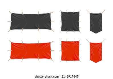 Red and black pennants and banners isolated on white background. Vector realistic mockup of 3d blank square and rectangle canvas streamers and pennons hanging with ropes