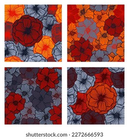Red black phlox flowers vector seamless pattern set. Summer dress fabric print, red gray black rose flower blossom textile prints summer fashion collection.