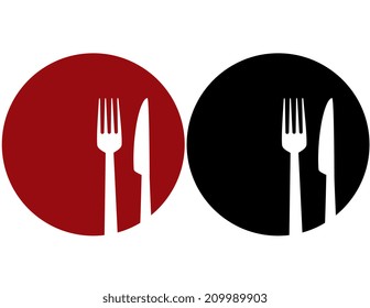 red and black plate with fork and knife silhouettes