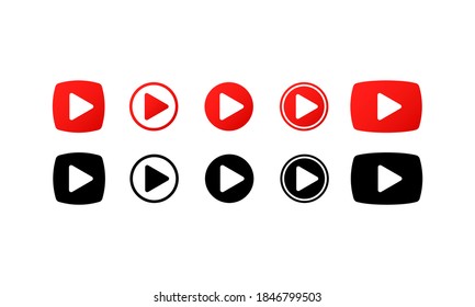 Red and black play icon set. Multimedia buttons. Vector flat cartoon illustration for web sites and banners design