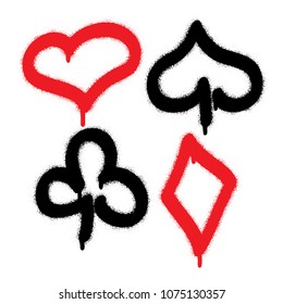 Red and black playing cards suits (heart, spade, club, diamond). Spray paint graffiti. White background.