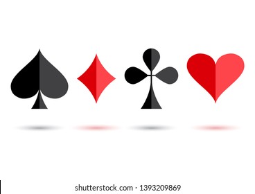 Red and black playing poker card suit: heart, club, diamond and spade with colored shadow on white background. Vector illustration