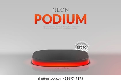 Red and black podium with neon light on white background. Vector illustration