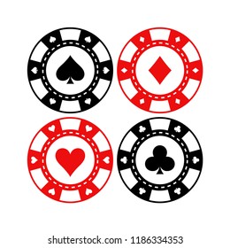 Red and black poker gaming chips vector set. Casino tokens coins with playing cards symbols, hearts, spades, clubs, diamonds.