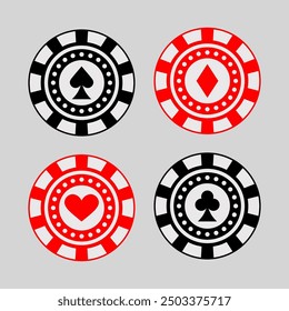 Red and black poker gaming chips vector set. Casino tokens coins with playing cards symbols, hearts, spades, clubs, diamonds. vector