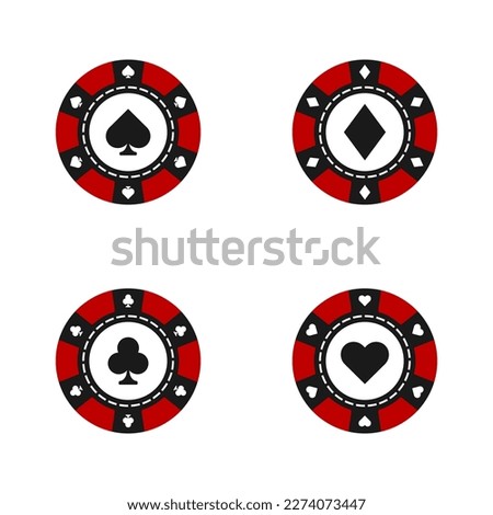 Red and black poker gaming chips vector set. Casino tokens coins with playing cards symbols, hearts, spades, clubs, diamonds.