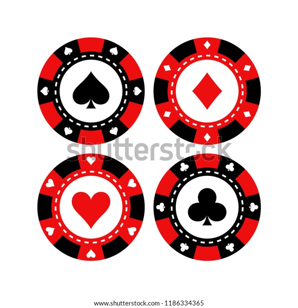 赤と黒のポーカーゲームチップのベクター画像セット カジノは カードの記号 ハート スペード クラブ ダイヤを使ったコイン のベクター画像素材 ロイヤリティフリー