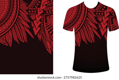 Red and Black Polynesian Tribal Pattern T-Shirt Vector Template, Traditional Cultural Dress Texture