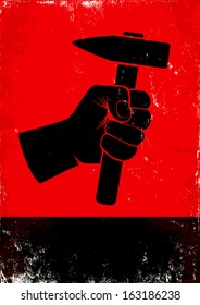 Red and black poste witth hand holding a hammer