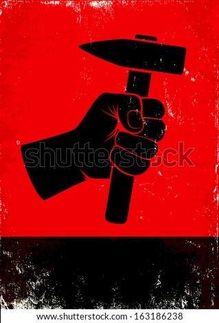Red and black poste witth hand holding a hammer