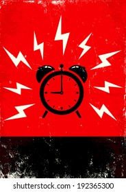 Red and black poster of alarm clock ringing