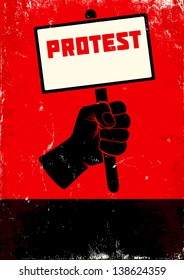 Red and black poster with fist and placard