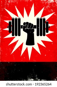 Red and black poster with hand and dumbbell