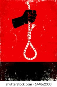 Red and black poster with hand and gallows