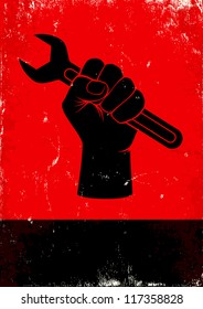 Red and black poster with hand holds a wrench