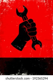 Red and black poster with hand holds a wrench