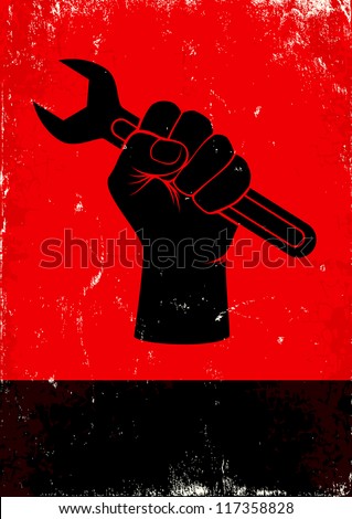 Red and black poster with hand holds a wrench