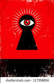 Red and black poster with  keyhole and eye