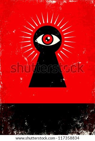 Red and black poster with  keyhole and eye
